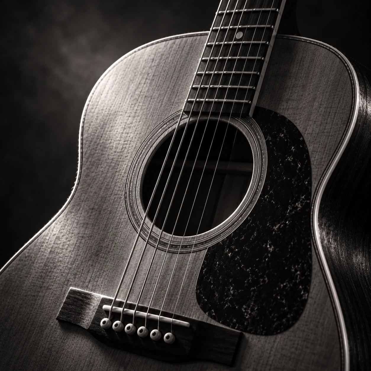 Black-and-white close-up of an acoustic guitar